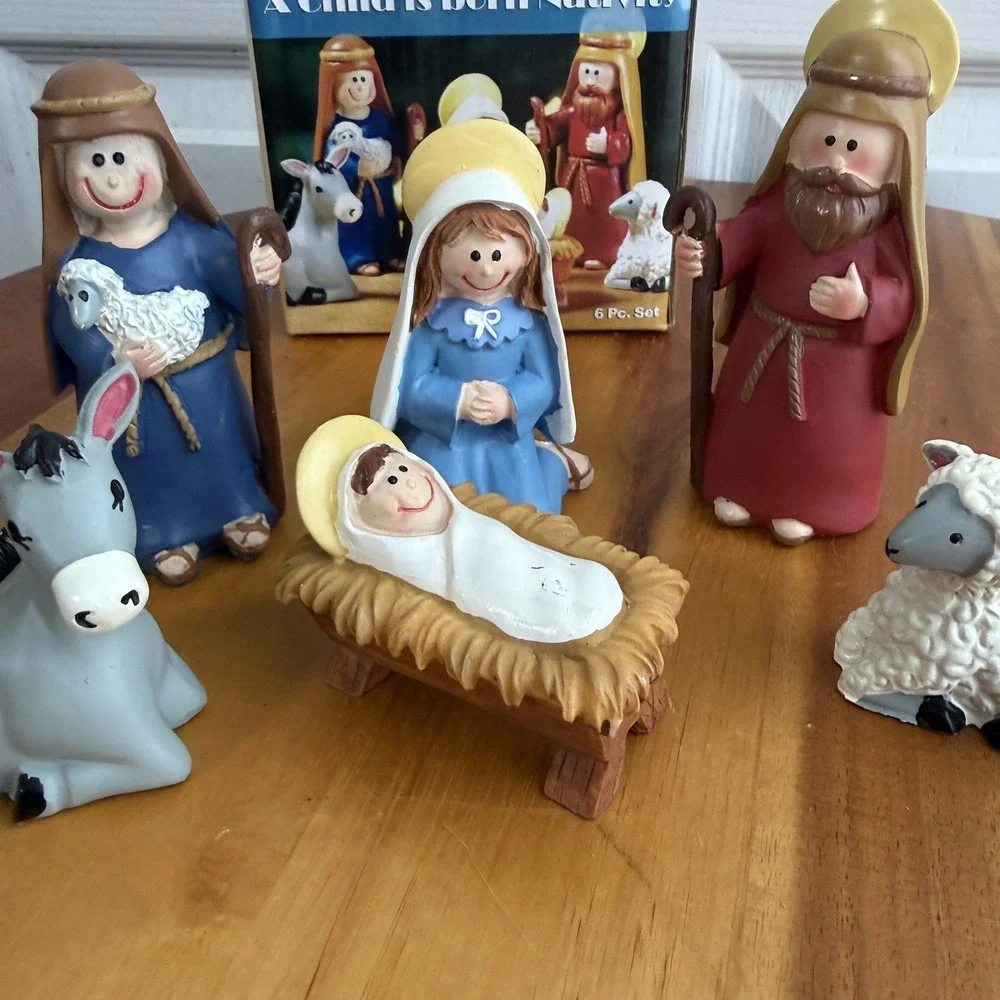 A Child Is Born‎ 6 Piece Nativity Set Mary Jesus Wisemen Lamb Donkey Cottage